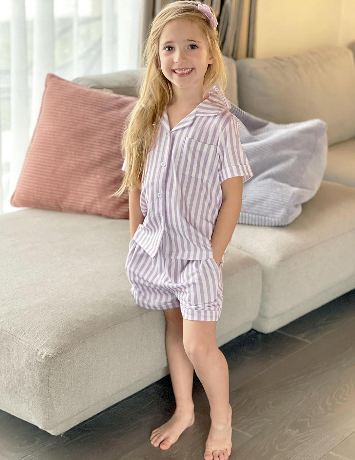 image:imageArshiner Girls Pajamas Summer Outfit Kids Shorts Sets Button Down Loungewear PjsPurple Stripes