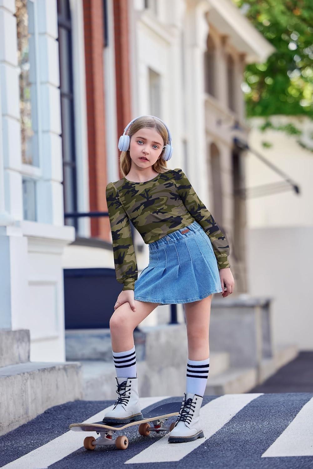 image:imageArshiner Girls Puff Long Sleeve Shirts Crew Neck Lantern Sleeve Tunic Tops Casual Shirts for Gilrs Soft Comfy BlousesArmy Green