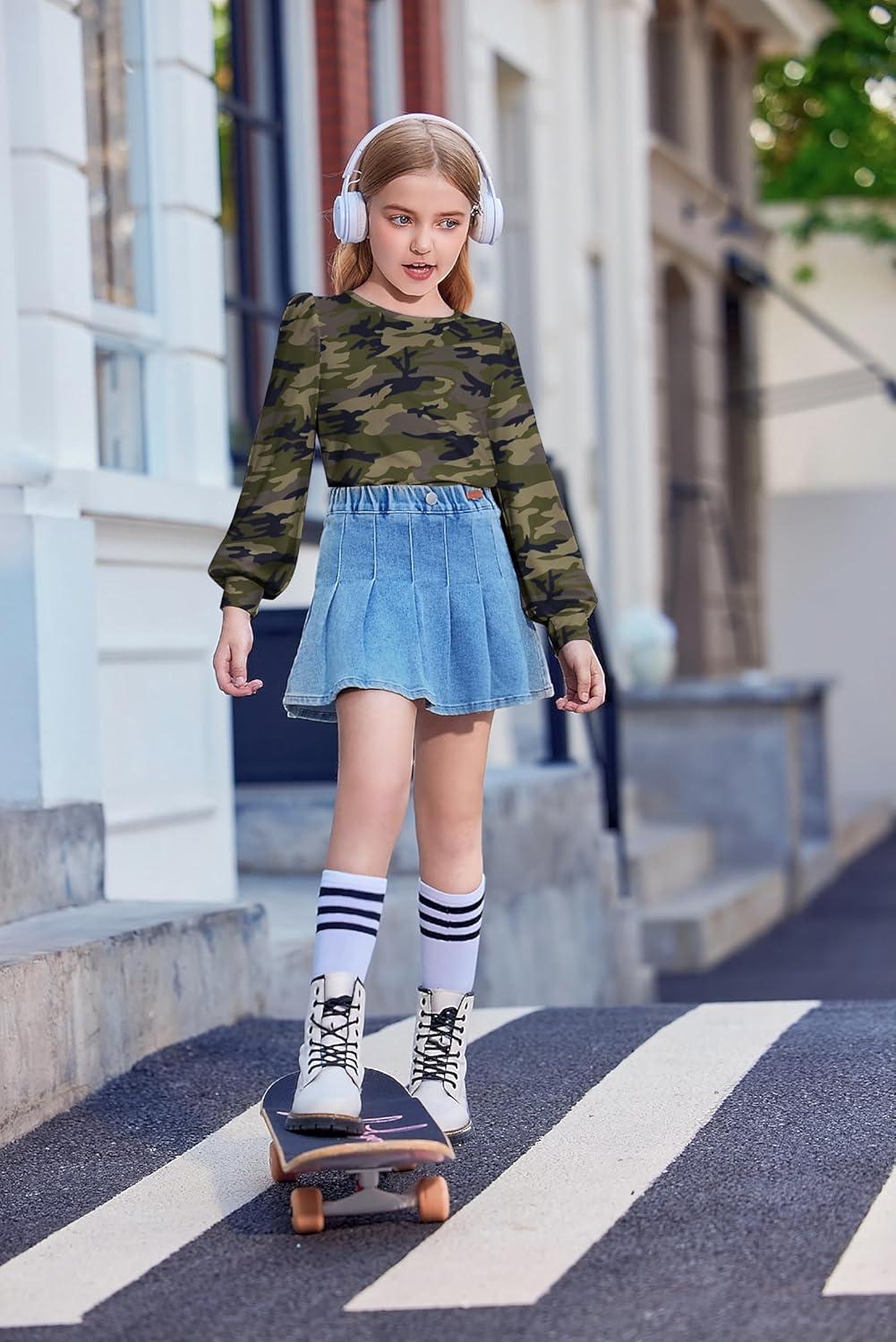 image:imageArshiner Girls Puff Long Sleeve Shirts Crew Neck Lantern Sleeve Tunic Tops Casual Shirts for Gilrs Soft Comfy BlousesArmy Green