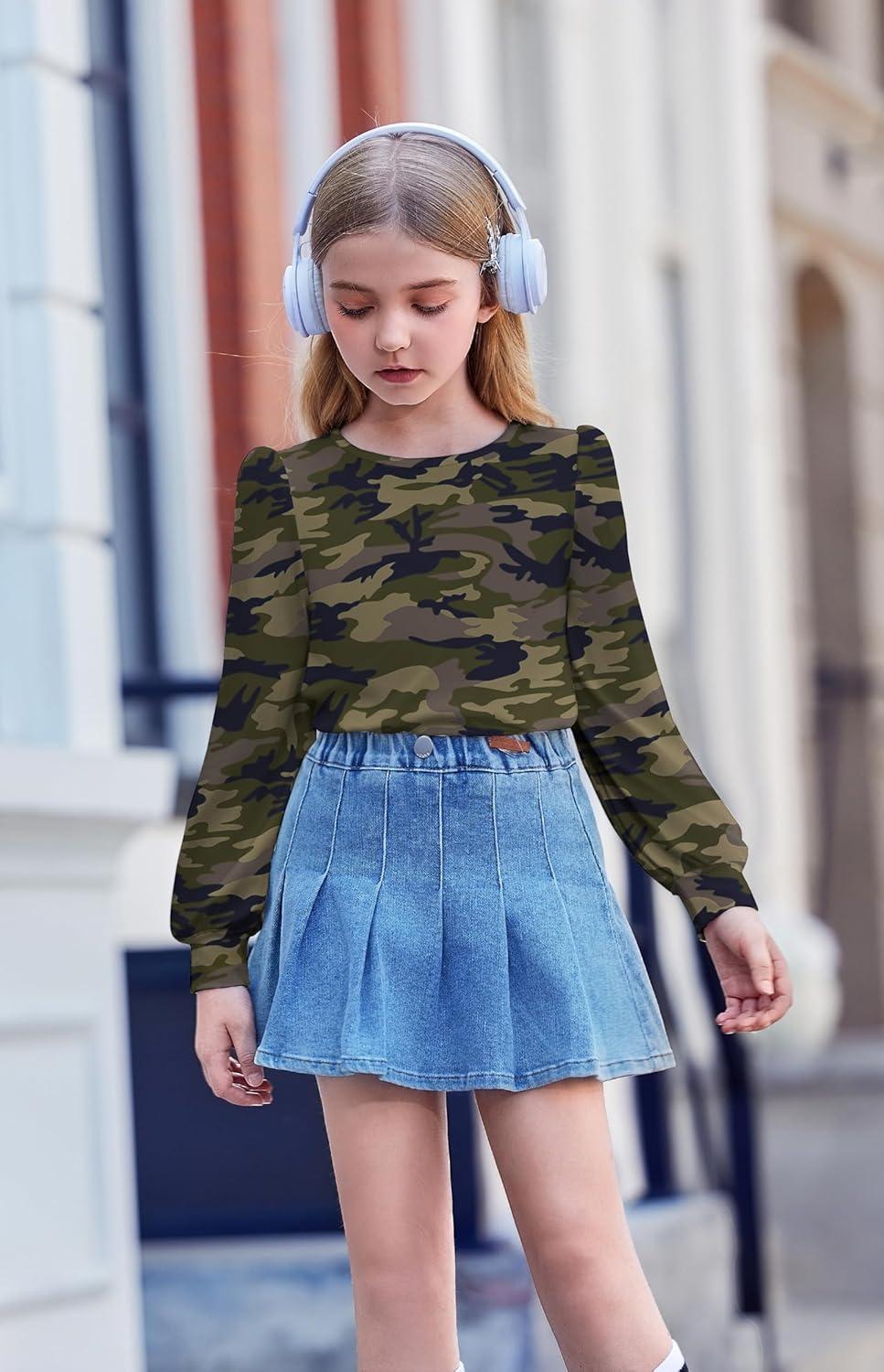image:imageArshiner Girls Puff Long Sleeve Shirts Crew Neck Lantern Sleeve Tunic Tops Casual Shirts for Gilrs Soft Comfy BlousesArmy Green