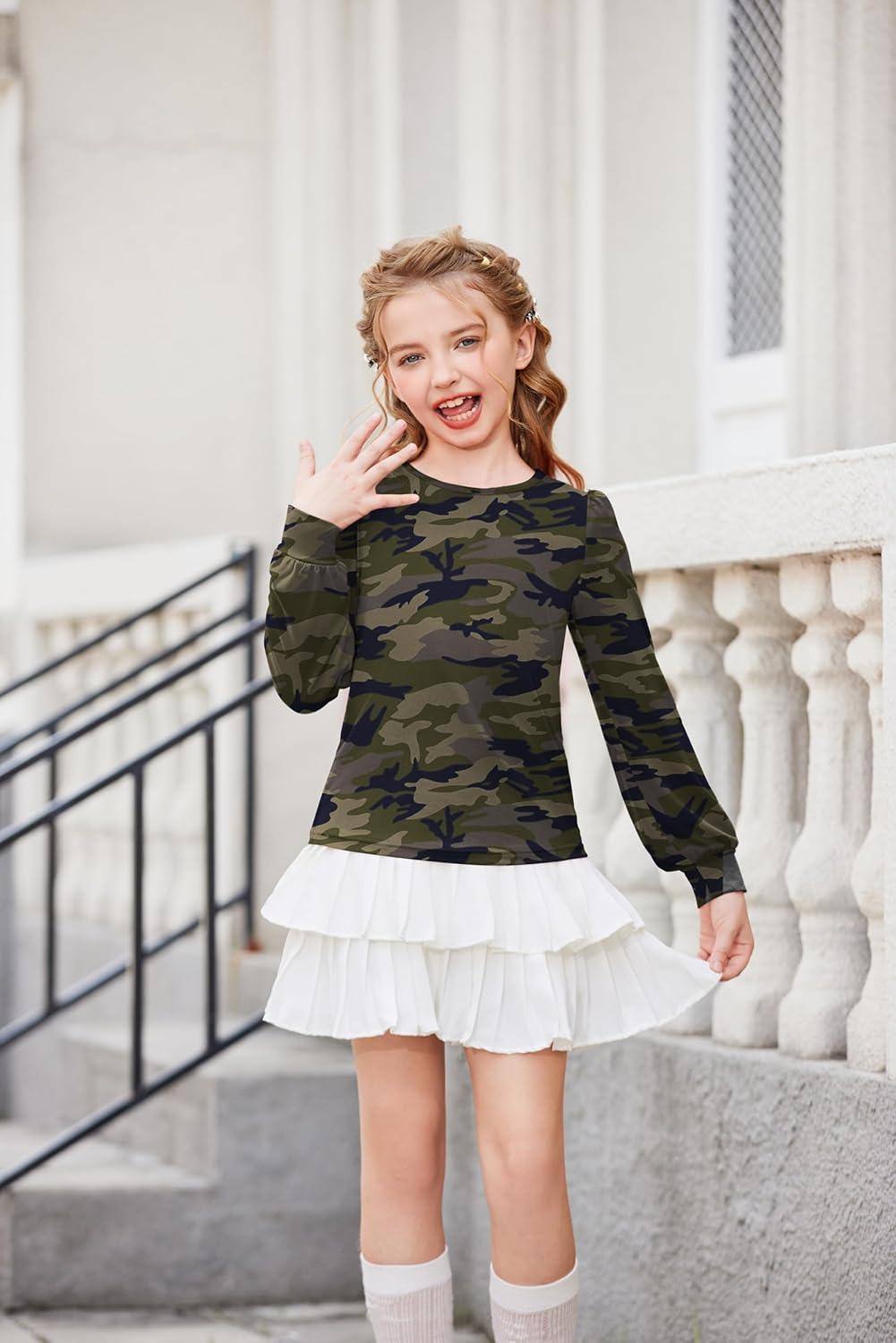 image:imageArshiner Girls Puff Long Sleeve Shirts Crew Neck Lantern Sleeve Tunic Tops Casual Shirts for Gilrs Soft Comfy BlousesArmy Green