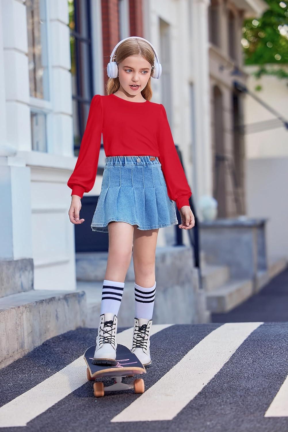 image:imageArshiner Girls Puff Long Sleeve Shirts Crew Neck Lantern Sleeve Tunic Tops Casual Shirts for Gilrs Soft Comfy BlousesRed