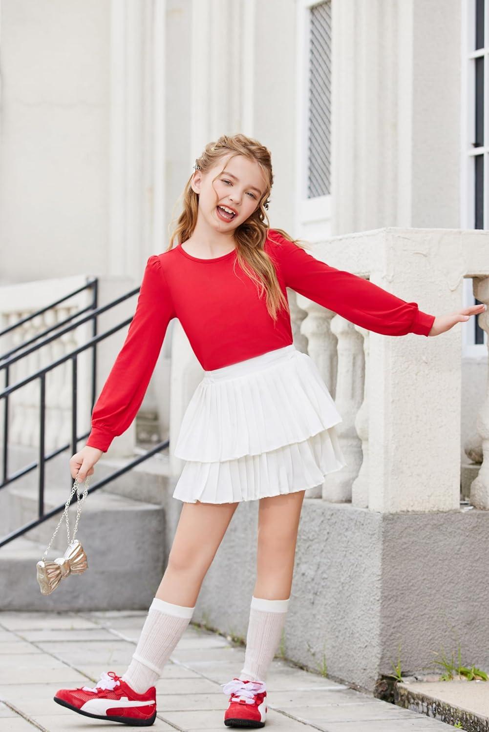 image:imageArshiner Girls Puff Long Sleeve Shirts Crew Neck Lantern Sleeve Tunic Tops Casual Shirts for Gilrs Soft Comfy BlousesRed