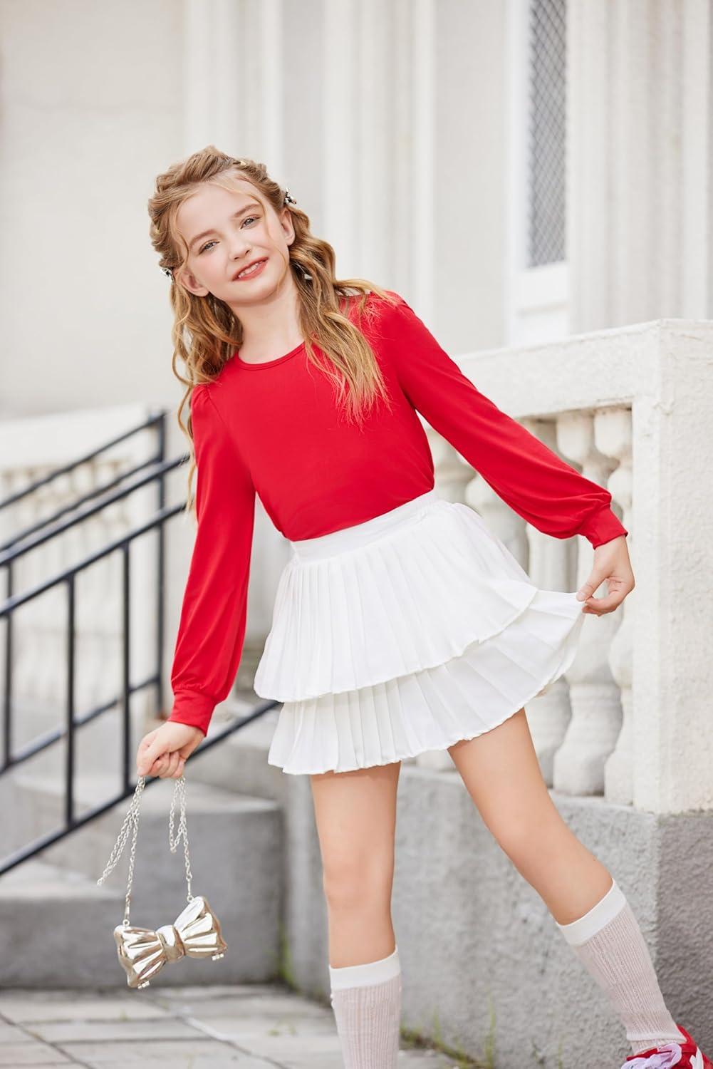 image:imageArshiner Girls Puff Long Sleeve Shirts Crew Neck Lantern Sleeve Tunic Tops Casual Shirts for Gilrs Soft Comfy BlousesRed