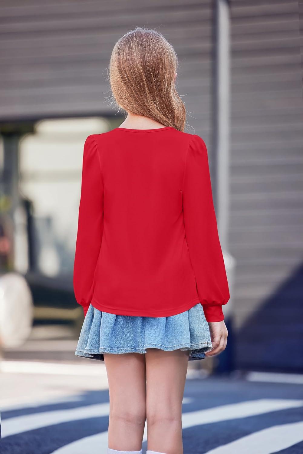 image:imageArshiner Girls Puff Long Sleeve Shirts Crew Neck Lantern Sleeve Tunic Tops Casual Shirts for Gilrs Soft Comfy BlousesRed