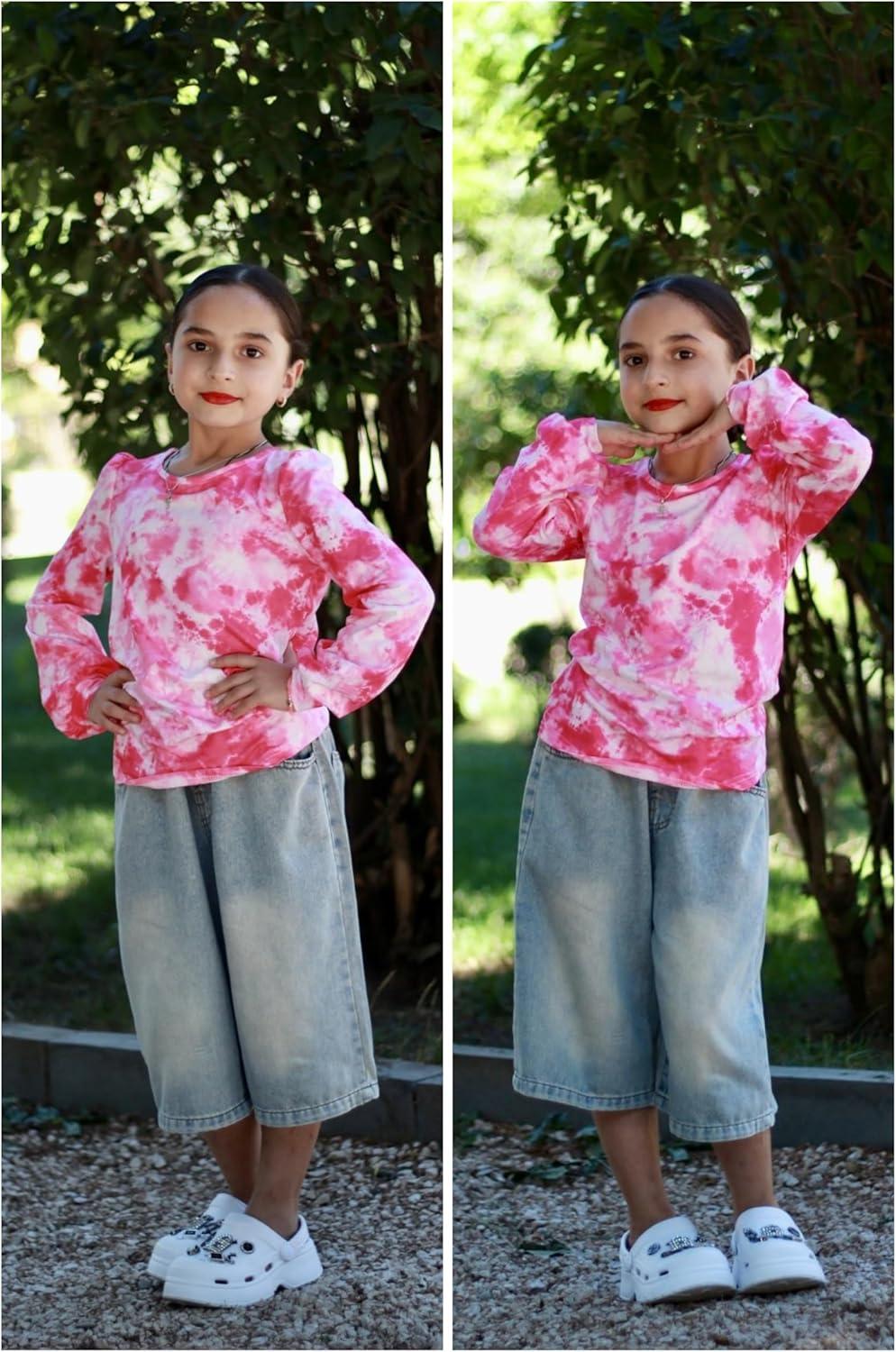 image:imageArshiner Girls Puff Long Sleeve Shirts Crew Neck Lantern Sleeve Tunic Tops Casual Shirts for Gilrs Soft Comfy BlousesTie Dye Rose Pink