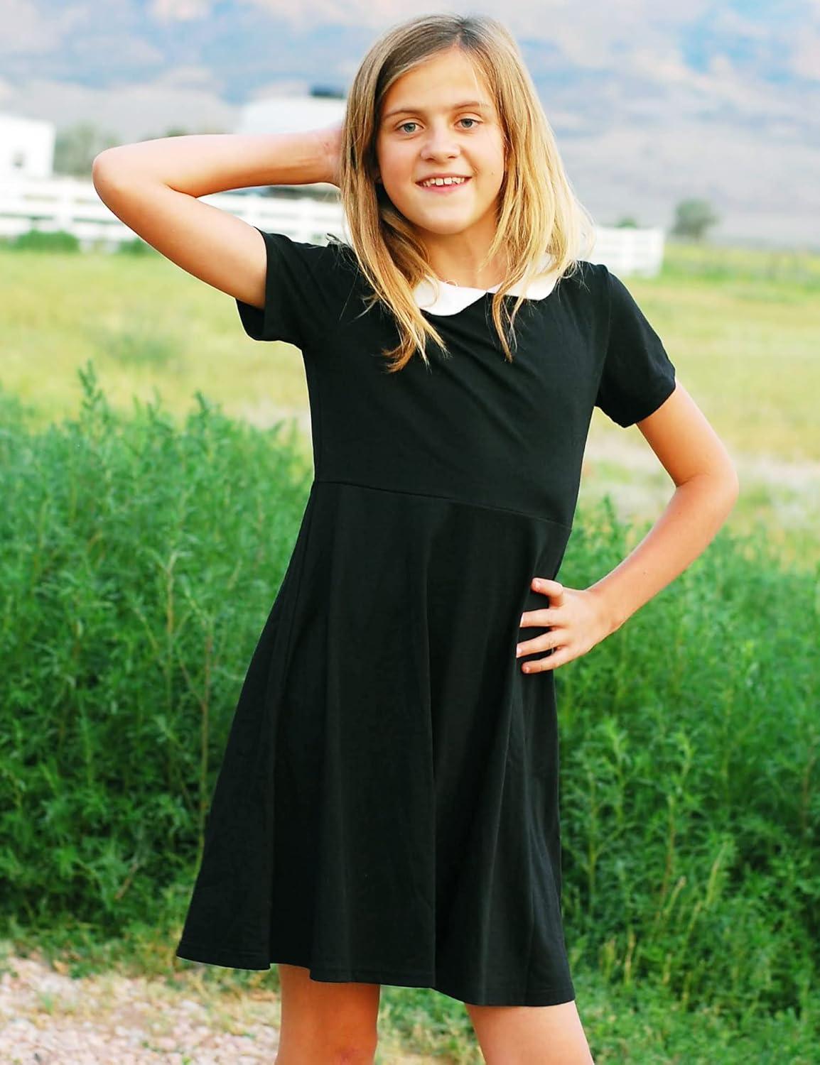 image:imageArshiner Girls Short Sleeve School Dresses Peter Pan Collar Cotton Holiday Flare Skater Dress