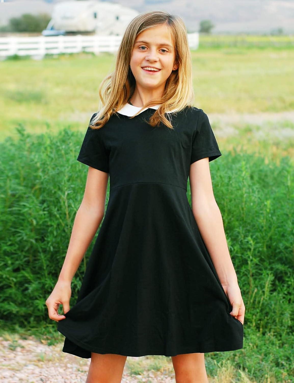 image:imageArshiner Girls Short Sleeve School Dresses Peter Pan Collar Cotton Holiday Flare Skater Dress