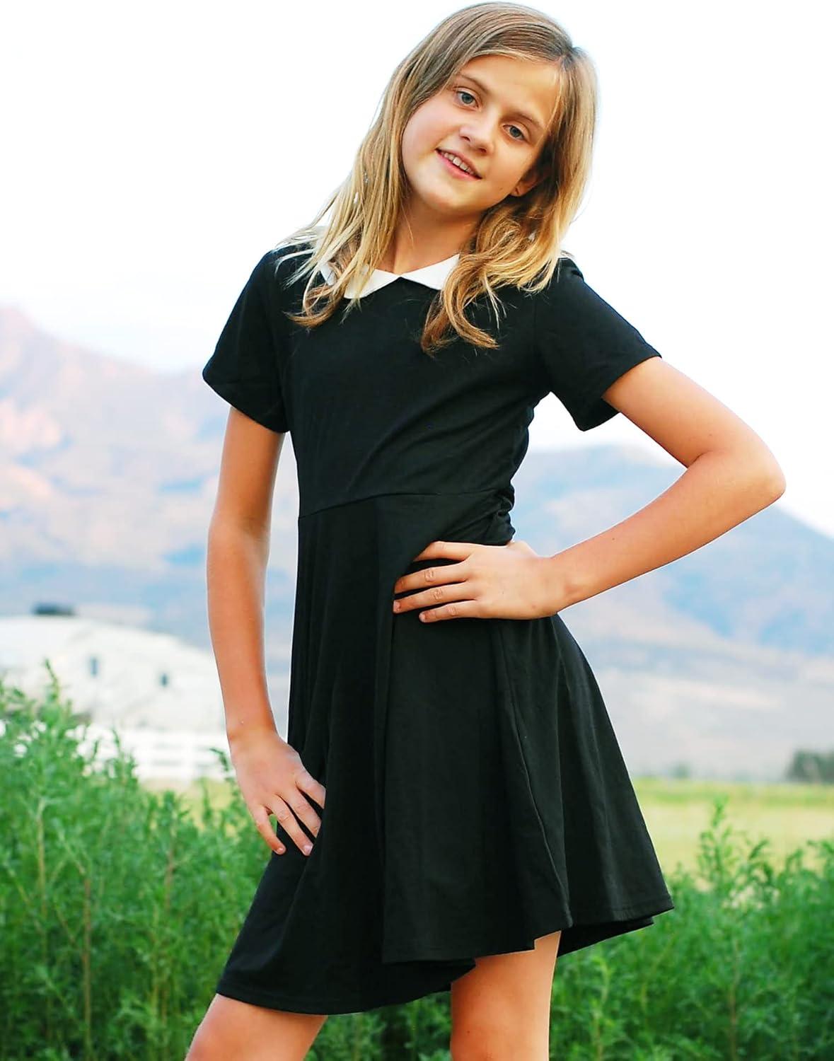 image:imageArshiner Girls Short Sleeve School Dresses Peter Pan Collar Cotton Holiday Flare Skater Dress
