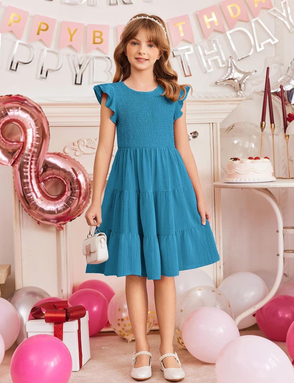 image:imageArshiner Girls Summer Flutter Short Sleeve Sundress Smocked Elastic Waist Tiered Midi Dress with PocketsBlue