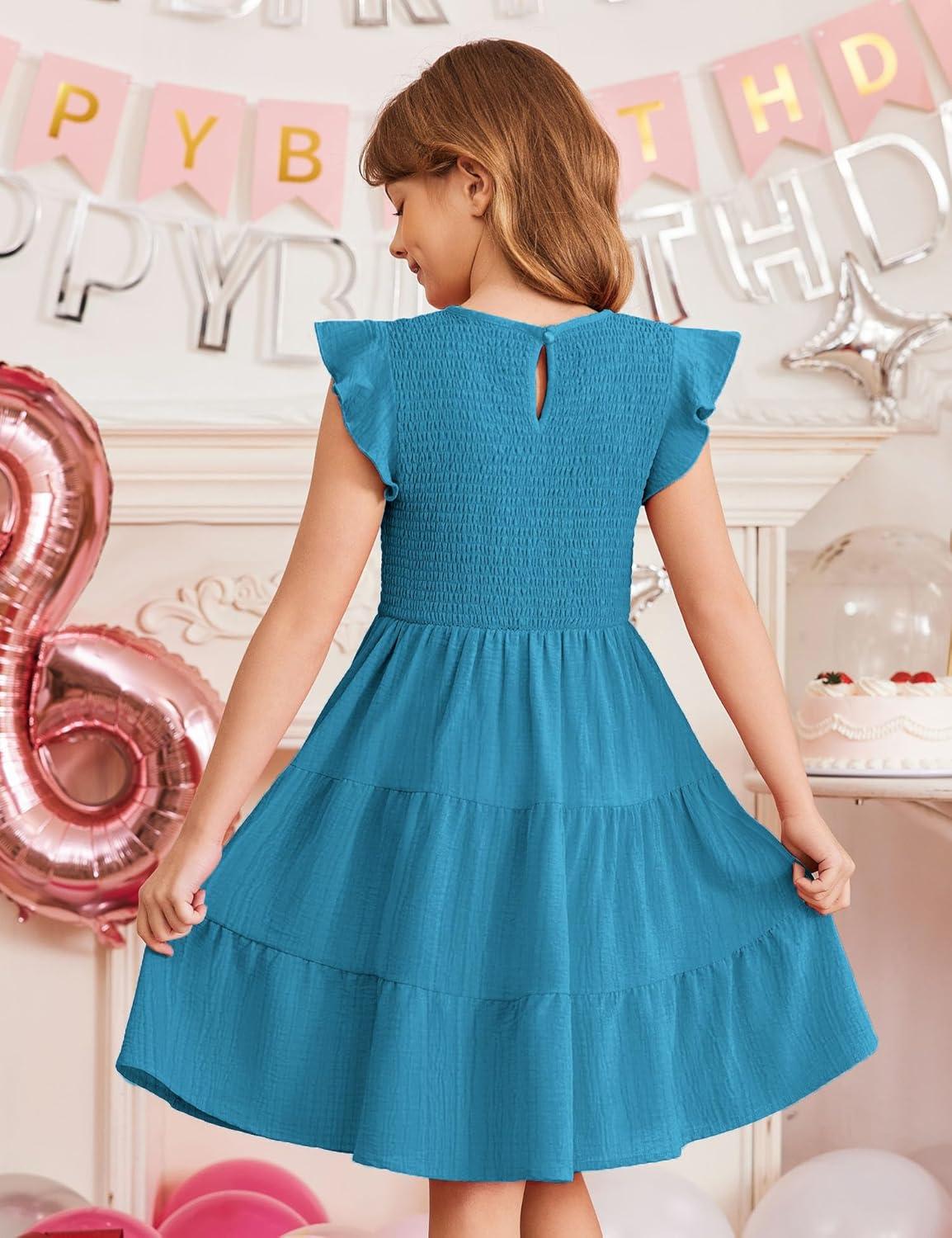 image:imageArshiner Girls Summer Flutter Short Sleeve Sundress Smocked Elastic Waist Tiered Midi Dress with PocketsBlue