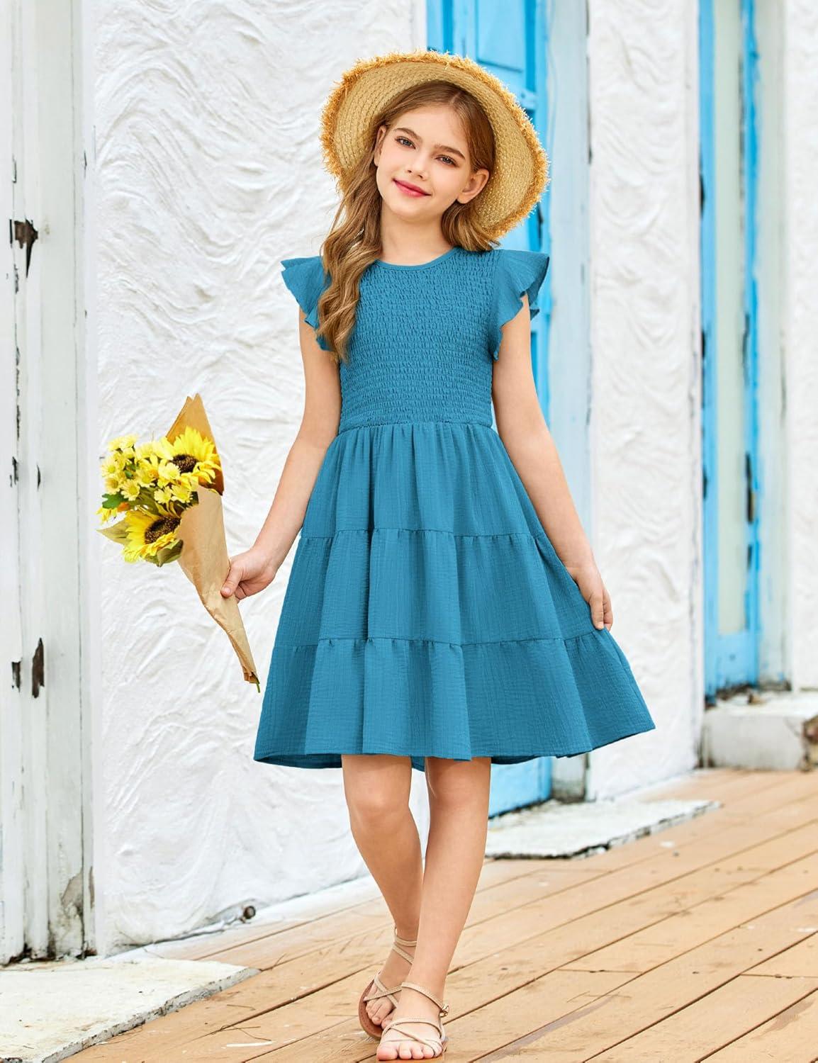 image:imageArshiner Girls Summer Flutter Short Sleeve Sundress Smocked Elastic Waist Tiered Midi Dress with PocketsBlue