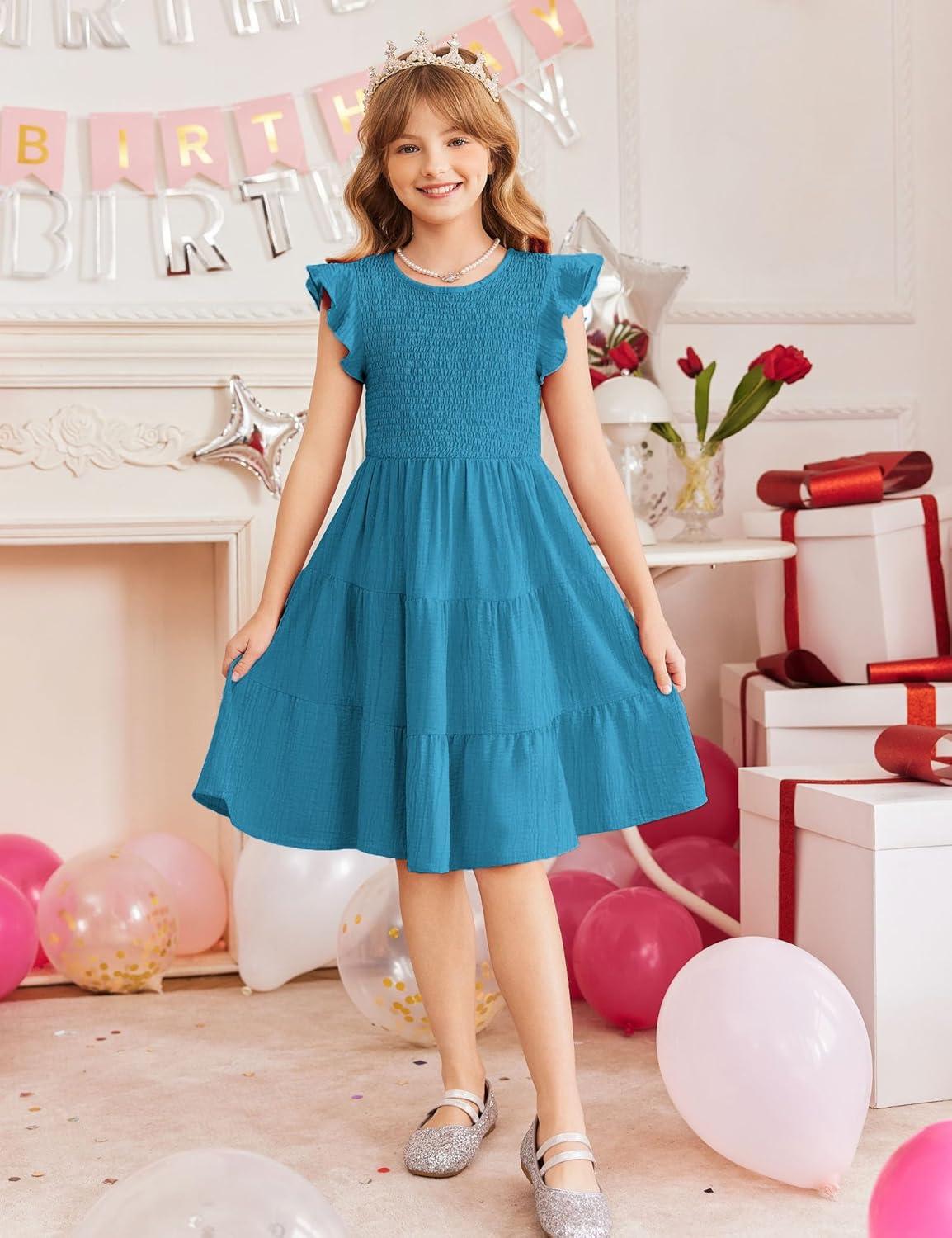 image:imageArshiner Girls Summer Flutter Short Sleeve Sundress Smocked Elastic Waist Tiered Midi Dress with PocketsBlue