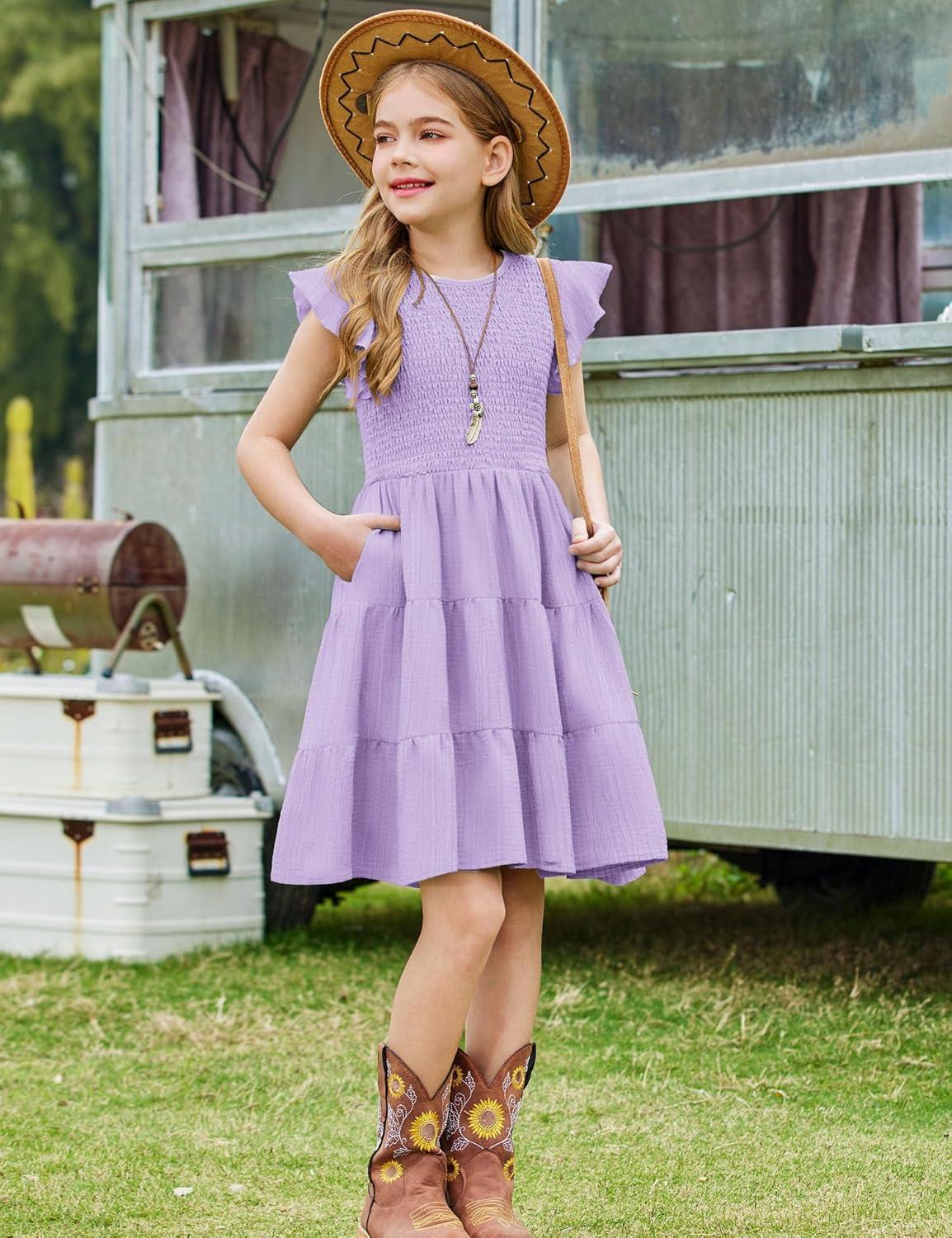 image:imageArshiner Girls Summer Flutter Short Sleeve Sundress Smocked Elastic Waist Tiered Midi Dress with PocketsLilac