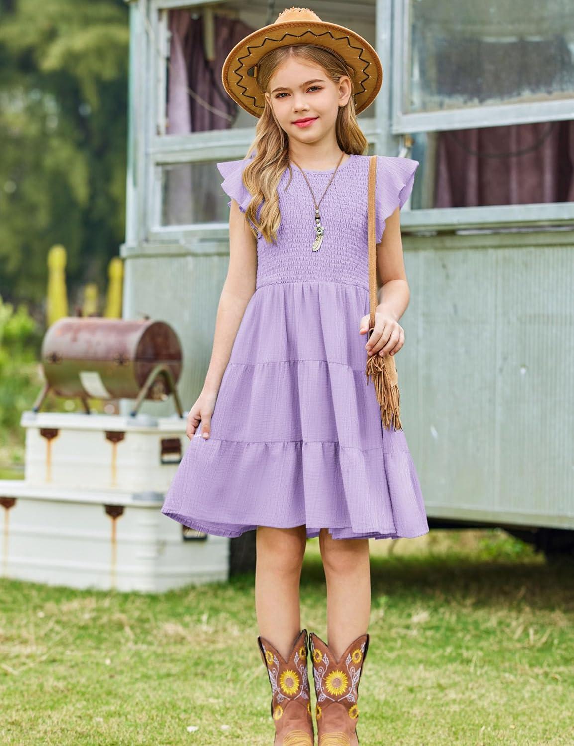 image:imageArshiner Girls Summer Flutter Short Sleeve Sundress Smocked Elastic Waist Tiered Midi Dress with PocketsLilac