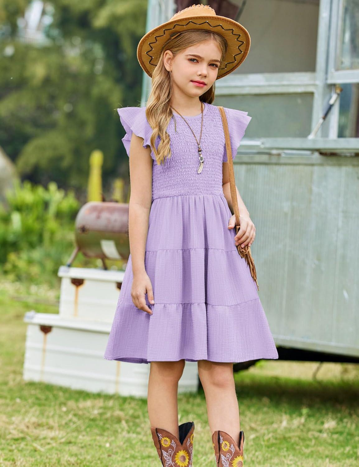 image:imageArshiner Girls Summer Flutter Short Sleeve Sundress Smocked Elastic Waist Tiered Midi Dress with PocketsLilac