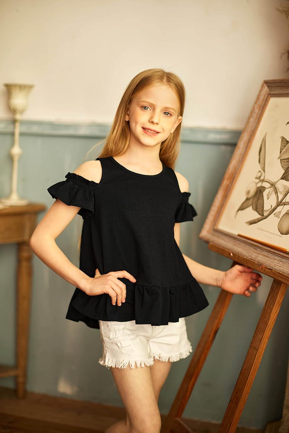 image:imageArshiner Girls TShirts Short Sleeve with Cold Shoulder Ruffle Hem Blouse Cute Floral Print Tee Tops