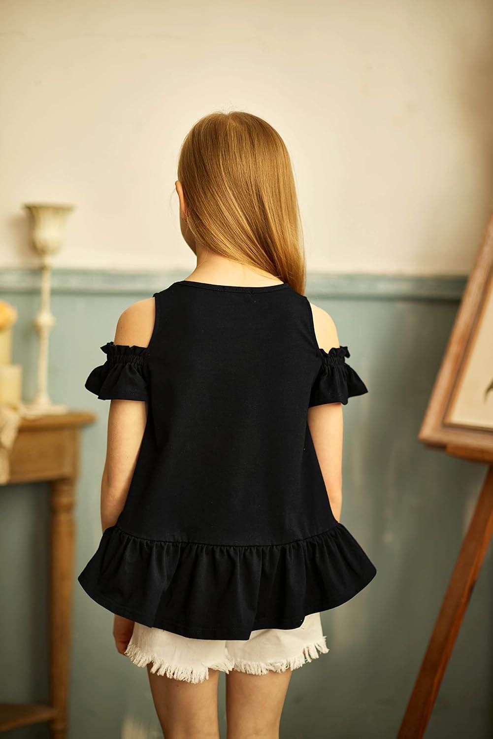 image:imageArshiner Girls TShirts Short Sleeve with Cold Shoulder Ruffle Hem Blouse Cute Floral Print Tee Tops