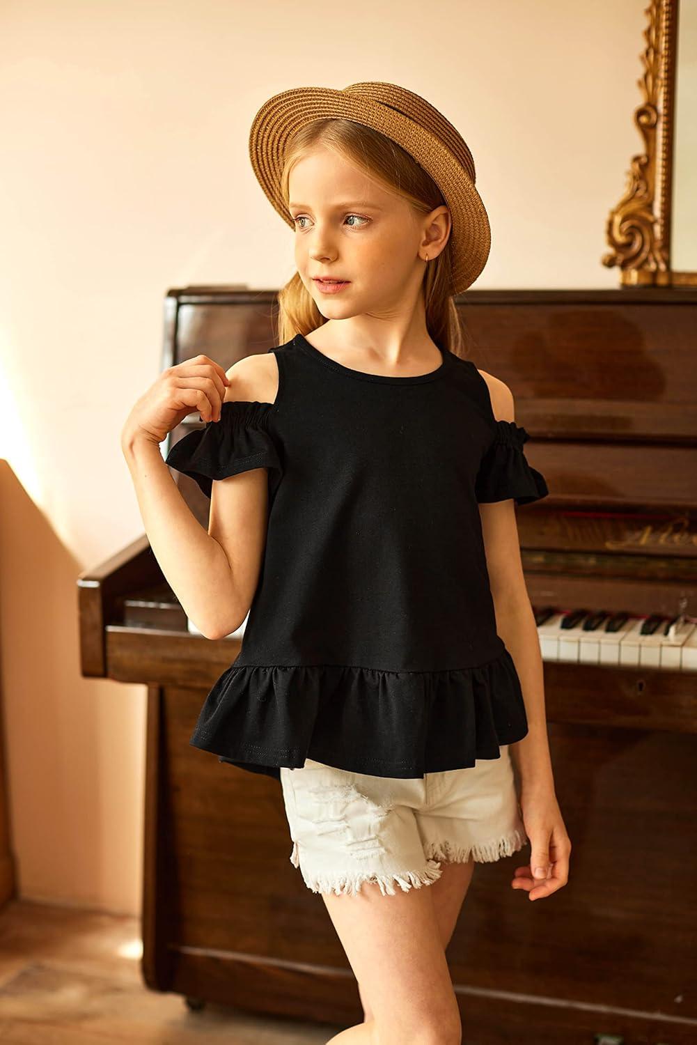 image:imageArshiner Girls TShirts Short Sleeve with Cold Shoulder Ruffle Hem Blouse Cute Floral Print Tee Tops