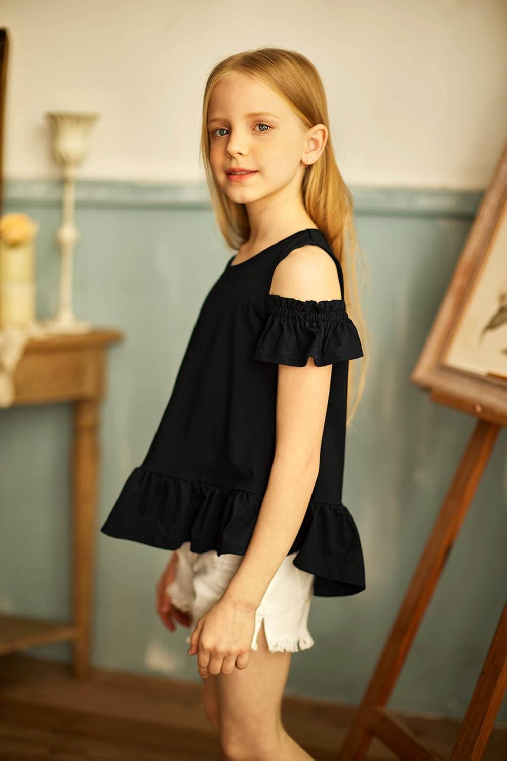 image:imageArshiner Girls TShirts Short Sleeve with Cold Shoulder Ruffle Hem Blouse Cute Floral Print Tee Tops