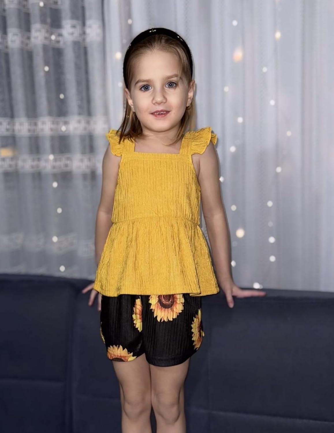 image:imageArshiner Toddler Girl Clothes 2 Piece Summer Outfit Ruffle Sleeveless Top and Shorts Set with Pockets 27YSunflower