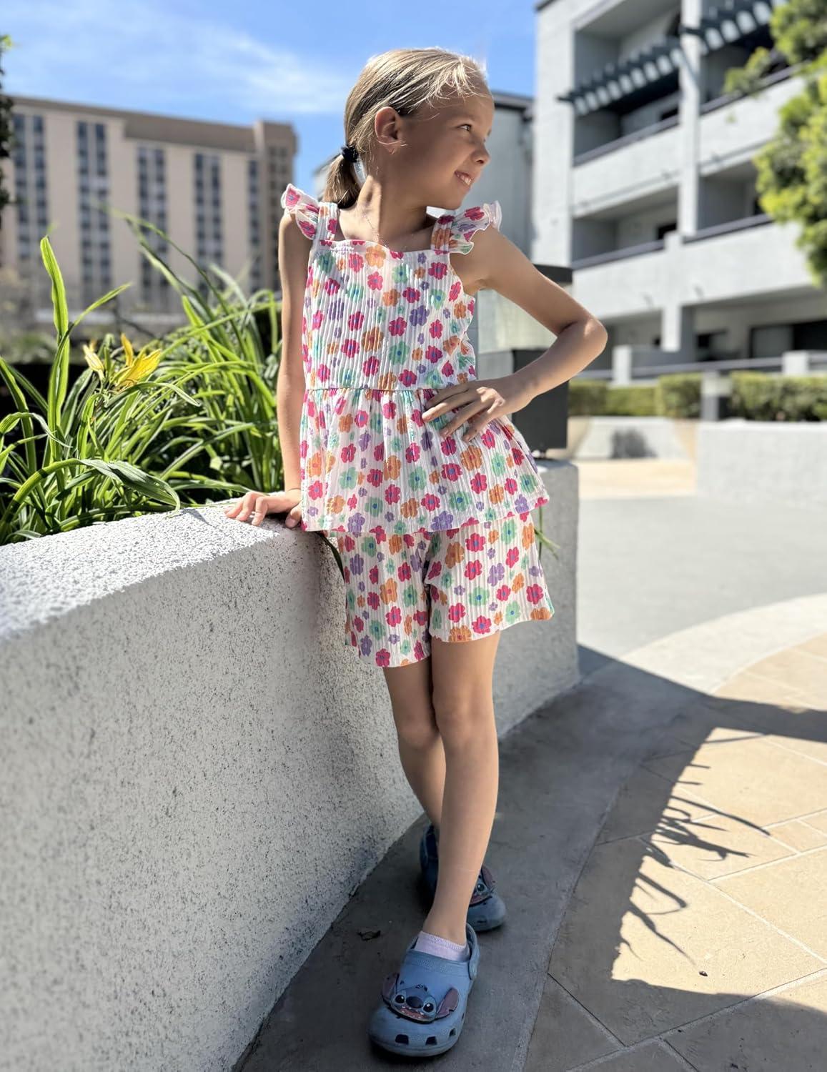 image:imageArshiner Toddler Girl Clothes 2 Piece Summer Outfit Ruffle Sleeveless Top and Shorts Set with Pockets 27YWhiteMulticolor Floral