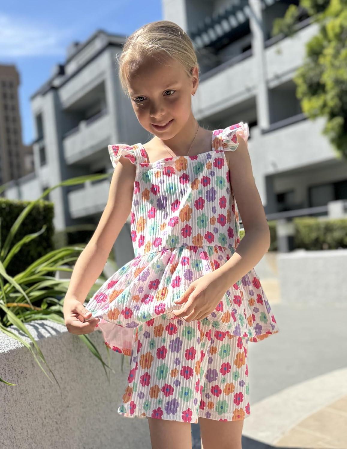 image:imageArshiner Toddler Girl Clothes 2 Piece Summer Outfit Ruffle Sleeveless Top and Shorts Set with Pockets 27YWhiteMulticolor Floral