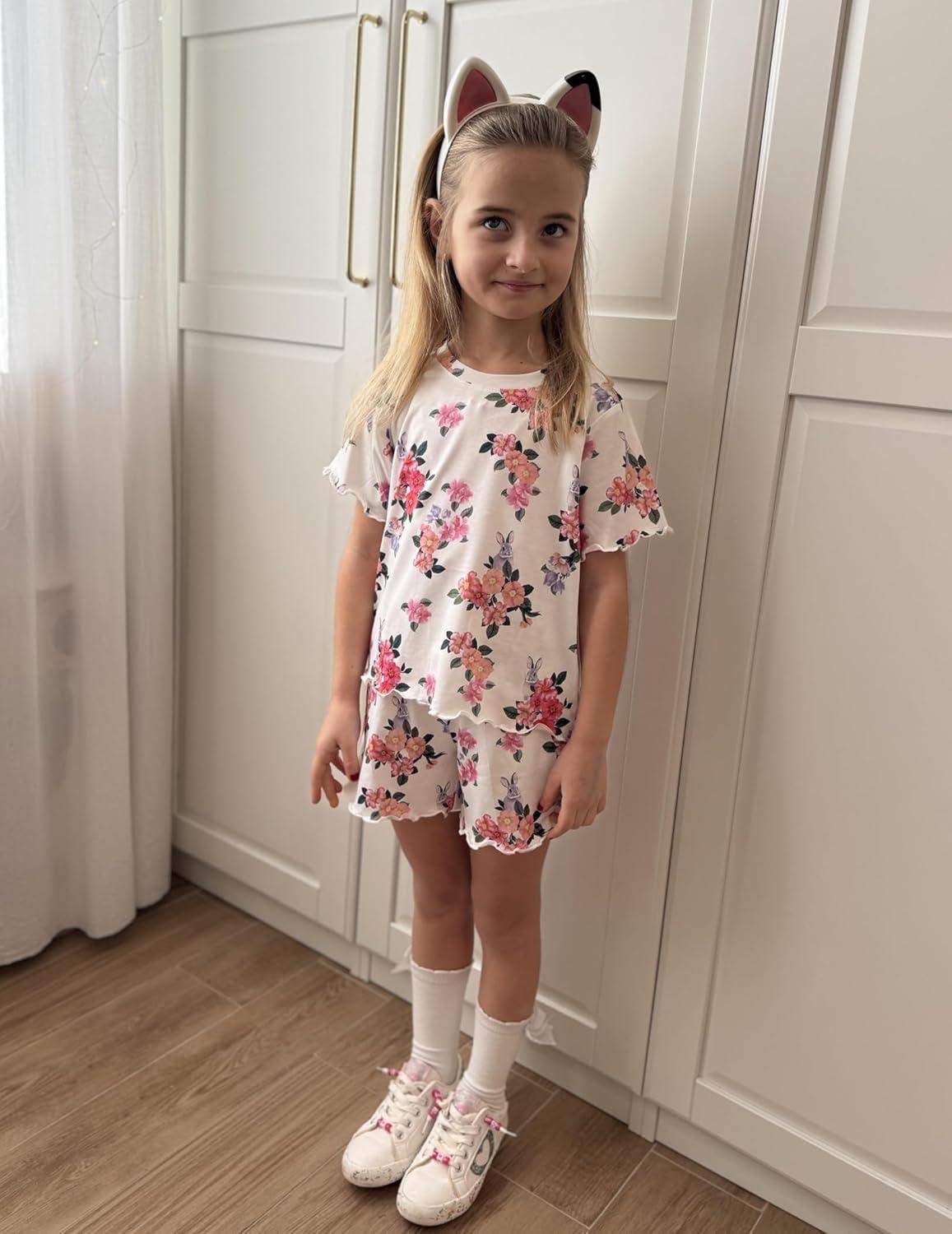 image:imageArshiner Toddler Girls Clothes Ruffle Short Sleeves Crewneck Tops and Shorts with Pockets Cute Summer 2 Pieces Short SetsFloral Print