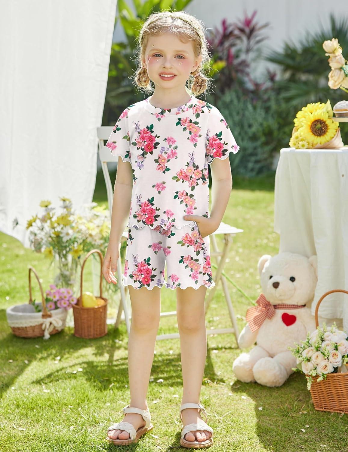 image:imageArshiner Toddler Girls Clothes Ruffle Short Sleeves Crewneck Tops and Shorts with Pockets Cute Summer 2 Pieces Short SetsFloral Print