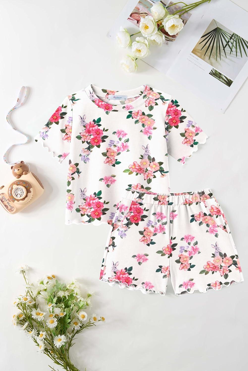 image:imageArshiner Toddler Girls Clothes Ruffle Short Sleeves Crewneck Tops and Shorts with Pockets Cute Summer 2 Pieces Short SetsFloral Print