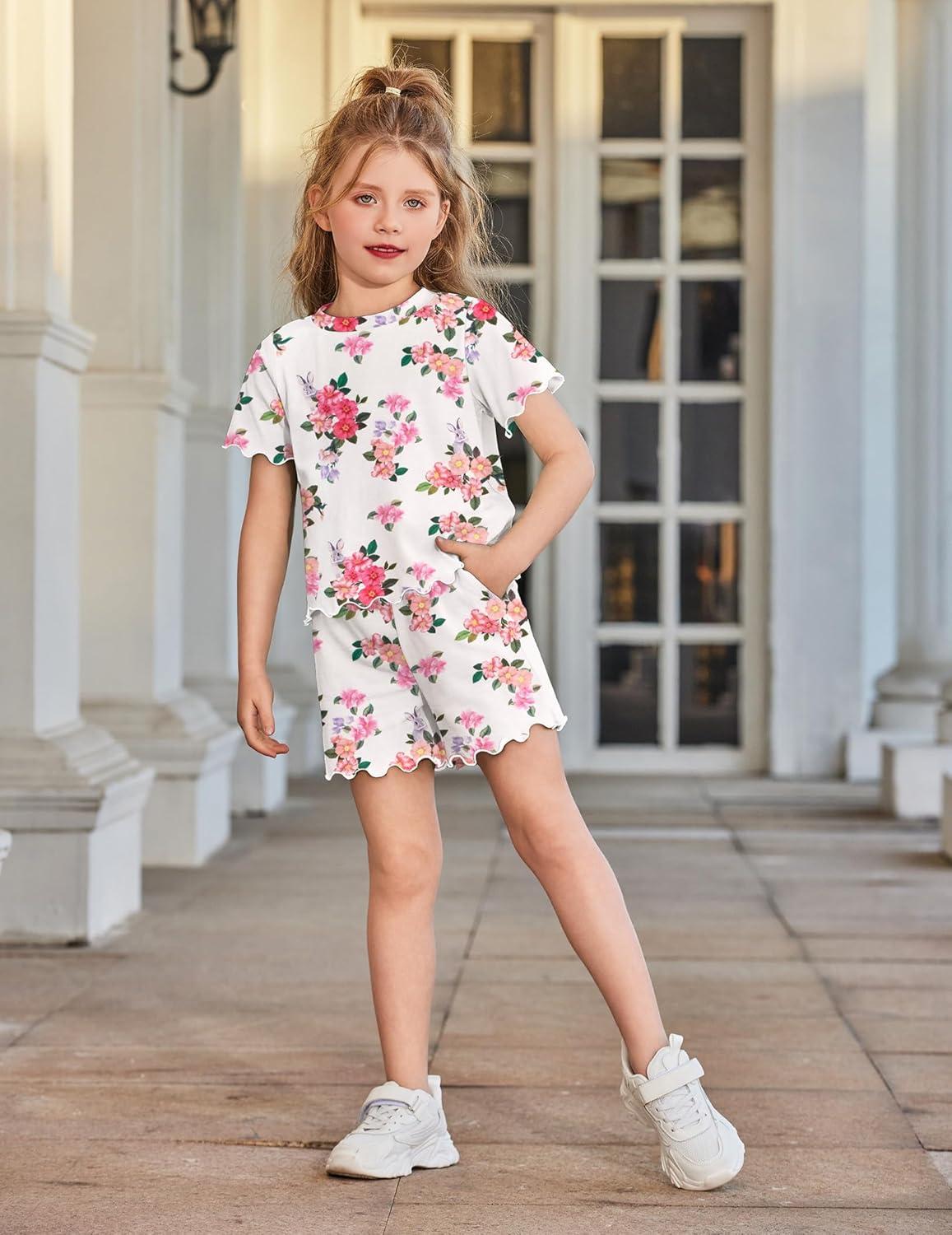 image:imageArshiner Toddler Girls Clothes Ruffle Short Sleeves Crewneck Tops and Shorts with Pockets Cute Summer 2 Pieces Short SetsFloral Print