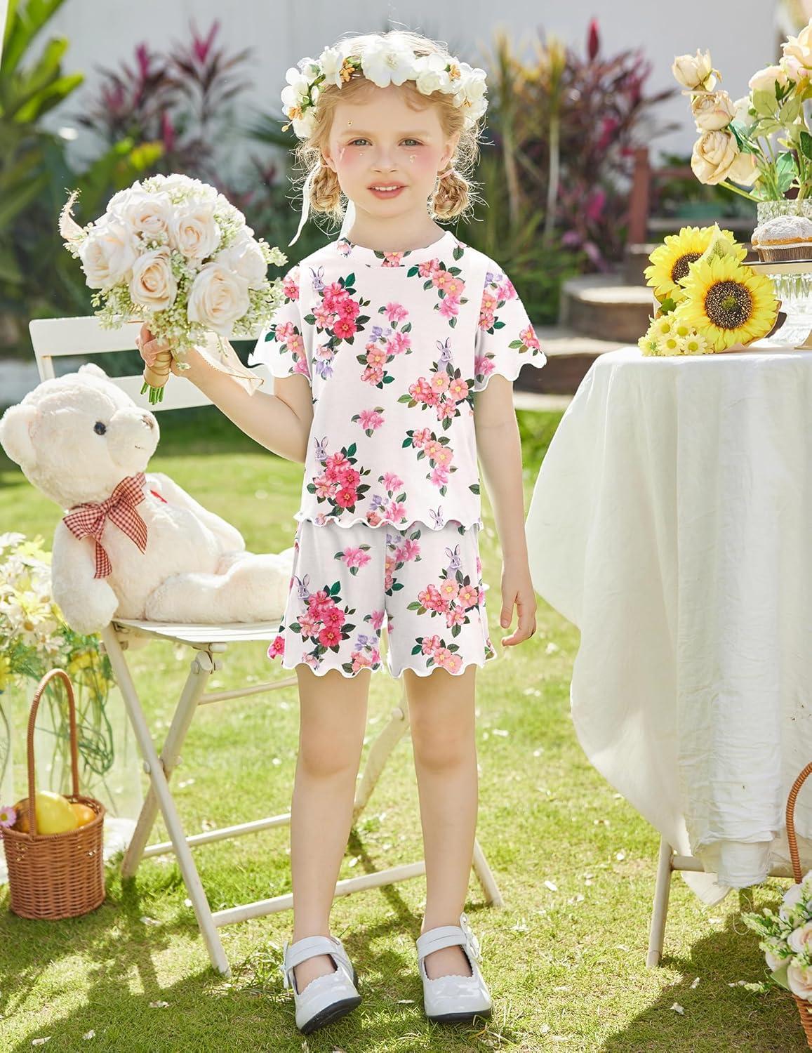 image:imageArshiner Toddler Girls Clothes Ruffle Short Sleeves Crewneck Tops and Shorts with Pockets Cute Summer 2 Pieces Short SetsFloral Print