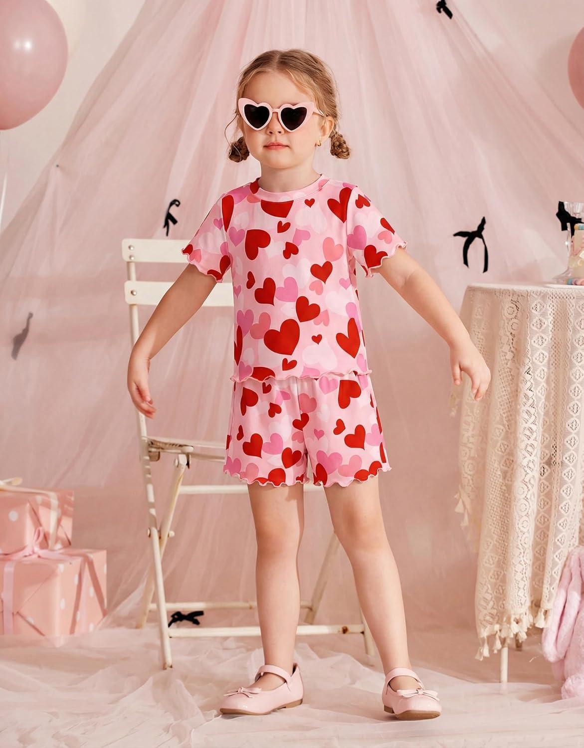 image:imageArshiner Toddler Girls Clothes Ruffle Short Sleeves Crewneck Tops and Shorts with Pockets Cute Summer 2 Pieces Short SetsRedheart Print