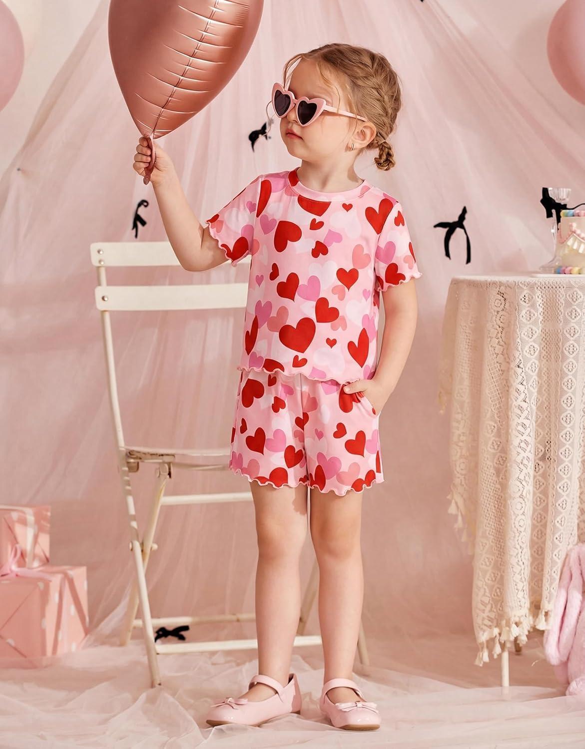image:imageArshiner Toddler Girls Clothes Ruffle Short Sleeves Crewneck Tops and Shorts with Pockets Cute Summer 2 Pieces Short SetsRedheart Print