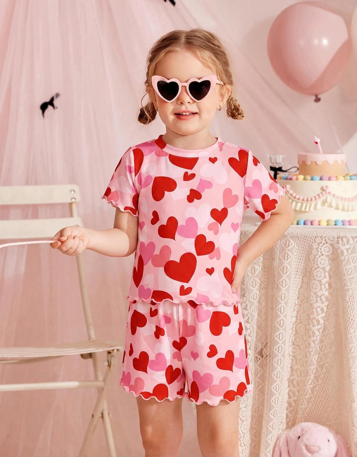 image:imageArshiner Toddler Girls Clothes Ruffle Short Sleeves Crewneck Tops and Shorts with Pockets Cute Summer 2 Pieces Short SetsRedheart Print