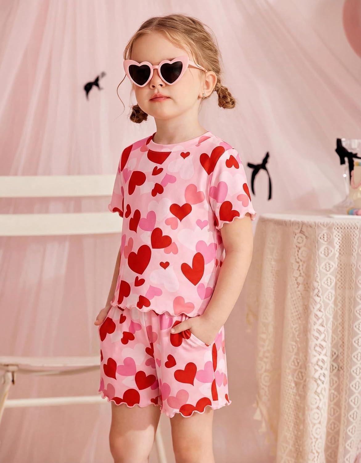 image:imageArshiner Toddler Girls Clothes Ruffle Short Sleeves Crewneck Tops and Shorts with Pockets Cute Summer 2 Pieces Short SetsRedheart Print