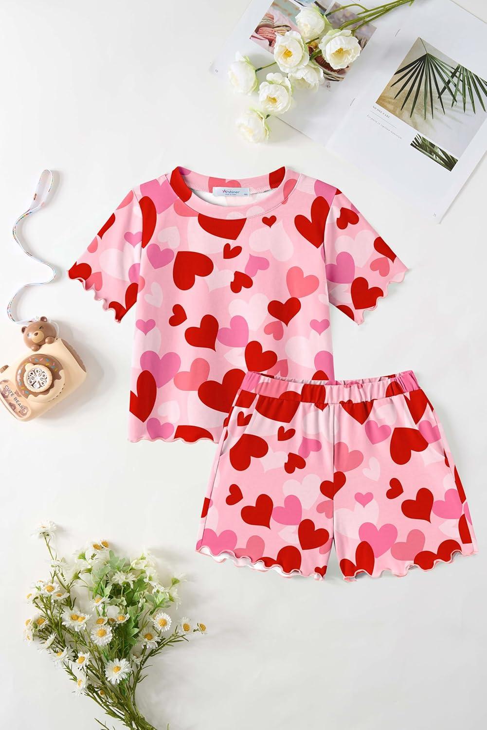 image:imageArshiner Toddler Girls Clothes Ruffle Short Sleeves Crewneck Tops and Shorts with Pockets Cute Summer 2 Pieces Short SetsRedheart Print