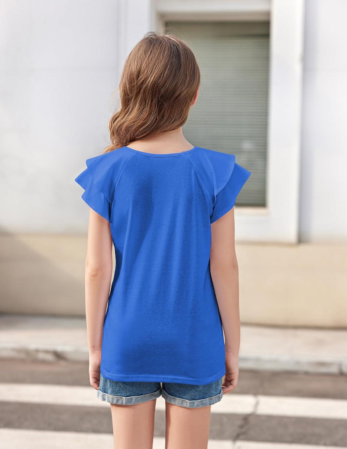 image:imageGirls T Shirts Ruffle Short Sleeve Round Neck Loose Blouse Summer Solid Color Casual Girl Tee Tops for 312 YearsNavy Blue