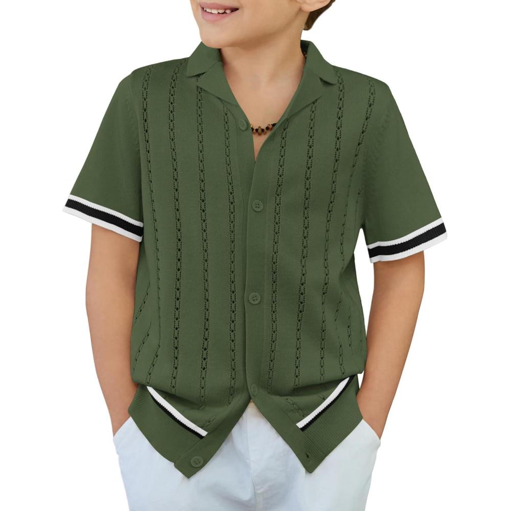 image:imageArshiner Boys Knit Shirts Short Sleeve Button Down Shirt Vintage Fashion Casual Summer Beach Shirts for Kids 413 YearsArmy Green