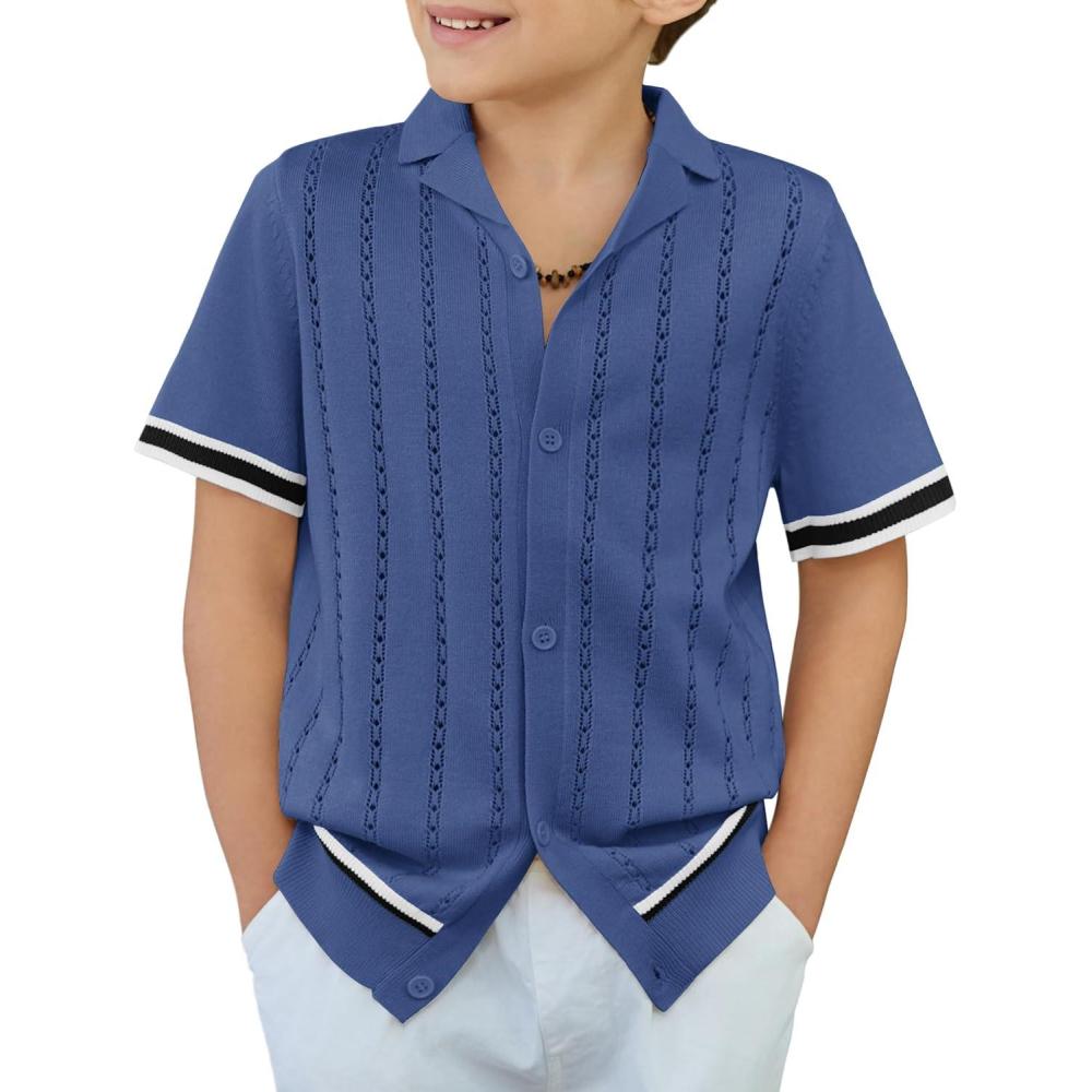 image:imageArshiner Boys Knit Shirts Short Sleeve Button Down Shirt Vintage Fashion Casual Summer Beach Shirts for Kids 413 YearsAzure