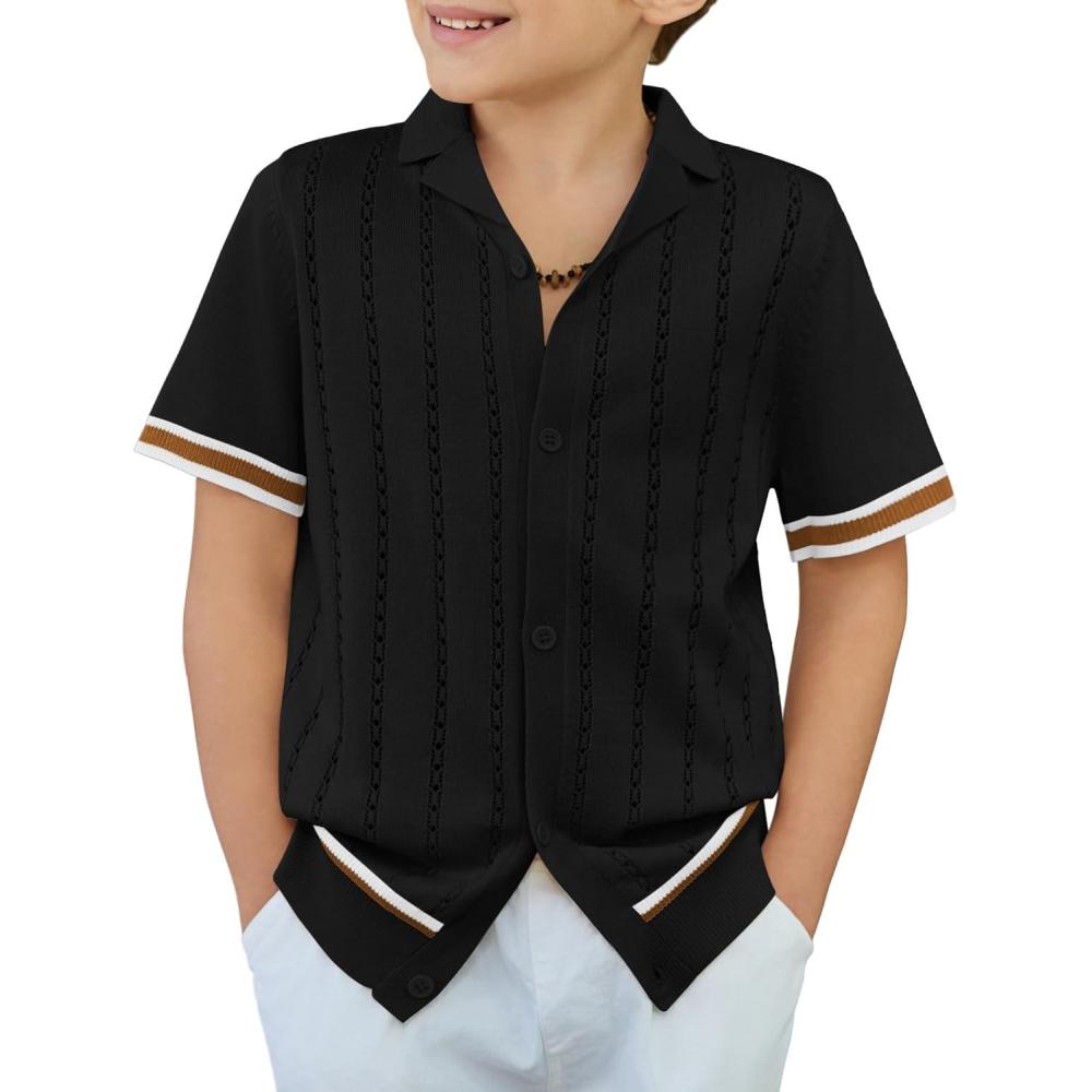 image:imageArshiner Boys Knit Shirts Short Sleeve Button Down Shirt Vintage Fashion Casual Summer Beach Shirts for Kids 413 YearsBlack