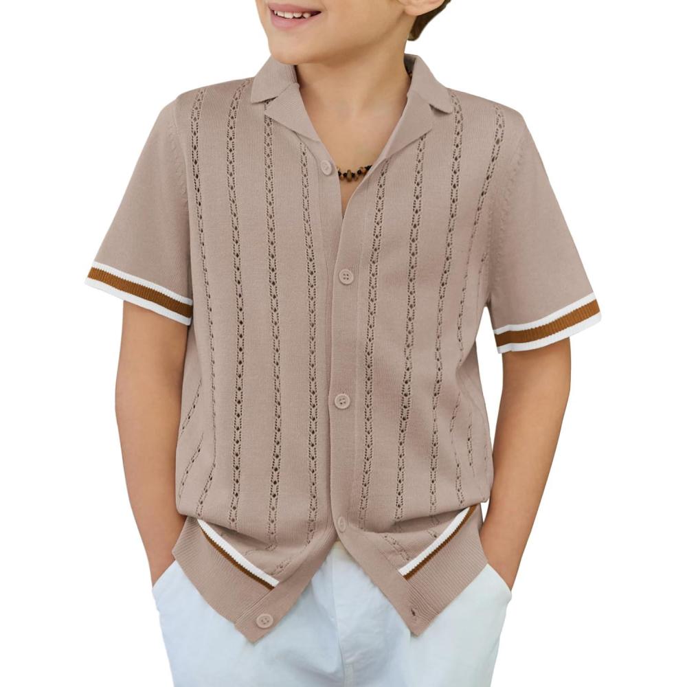 image:imageArshiner Boys Knit Shirts Short Sleeve Button Down Shirt Vintage Fashion Casual Summer Beach Shirts for Kids 413 YearsDark Khaki