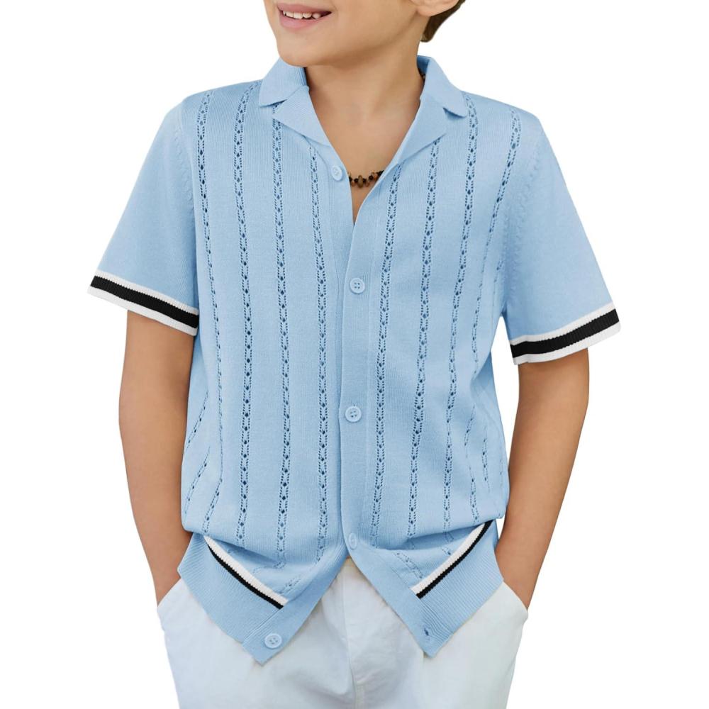 image:imageArshiner Boys Knit Shirts Short Sleeve Button Down Shirt Vintage Fashion Casual Summer Beach Shirts for Kids 413 YearsLight Blue