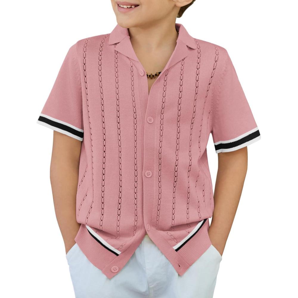 image:imageArshiner Boys Knit Shirts Short Sleeve Button Down Shirt Vintage Fashion Casual Summer Beach Shirts for Kids 413 YearsLight Pink