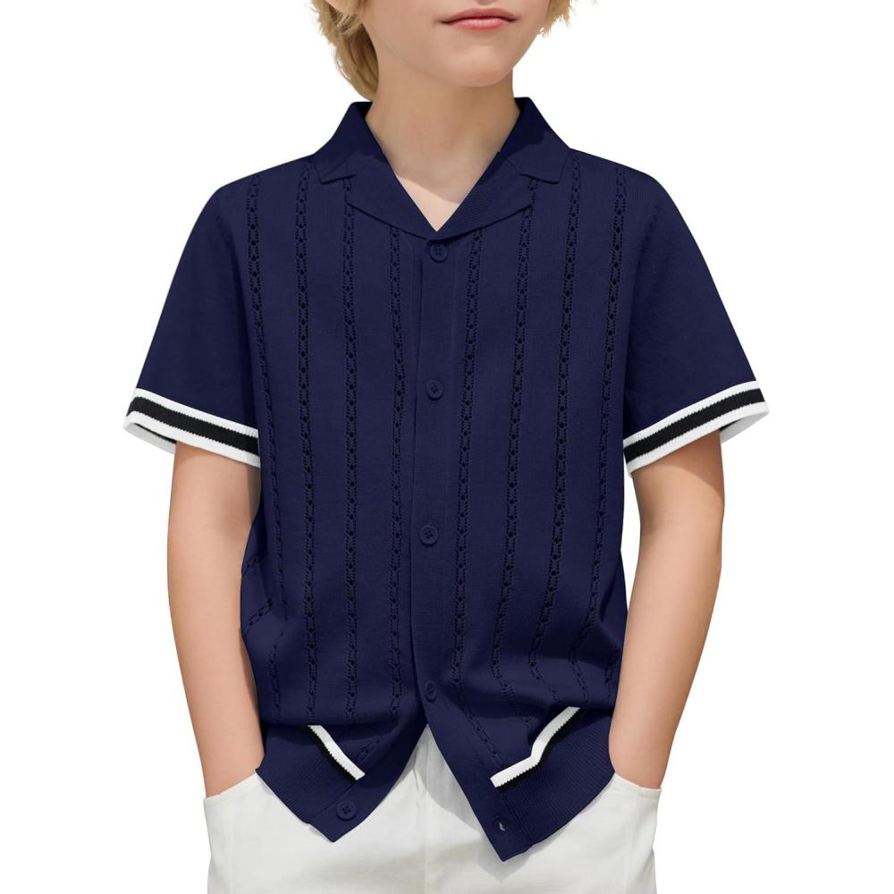image:imageArshiner Boys Knit Shirts Short Sleeve Button Down Shirt Vintage Fashion Casual Summer Beach Shirts for Kids 413 YearsNavy Blue