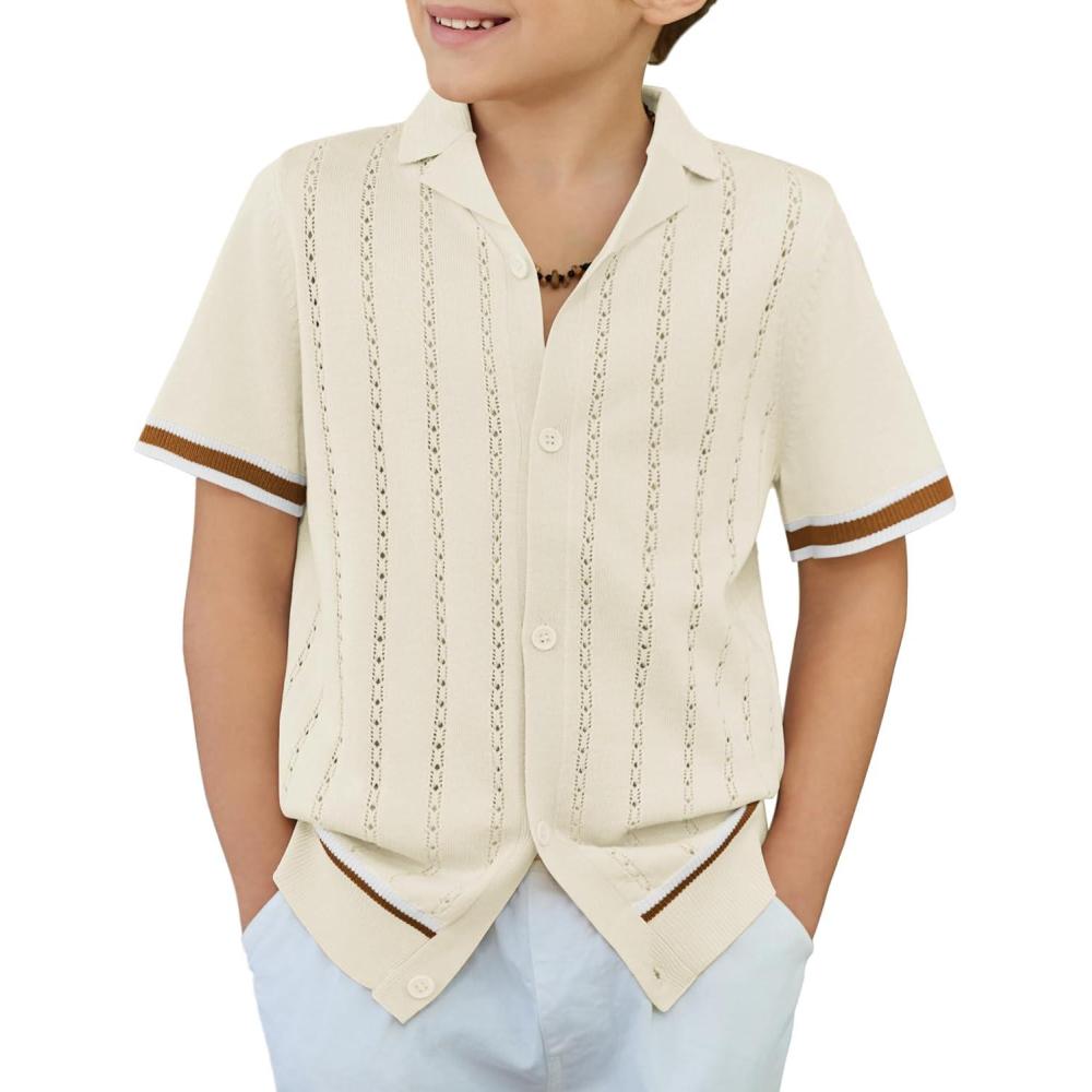 image:imageArshiner Boys Knit Shirts Short Sleeve Button Down Shirt Vintage Fashion Casual Summer Beach Shirts for Kids 413 YearsOffwhite