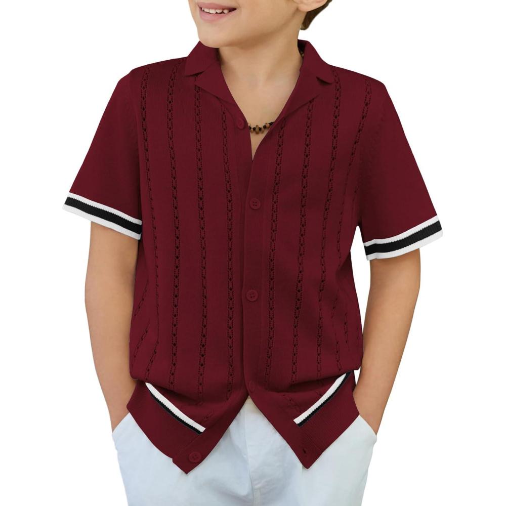 image:imageArshiner Boys Knit Shirts Short Sleeve Button Down Shirt Vintage Fashion Casual Summer Beach Shirts for Kids 413 YearsWine Red