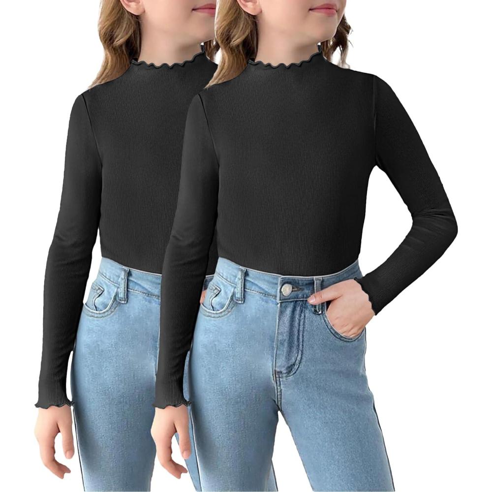 image:imageArshiner Girls 2 Packs Lettuce Trim Mock Neck Long Sleeve Shirts Ribbed Knit Slim Tops Casual Trendy Base Layer TeeBlackBlack