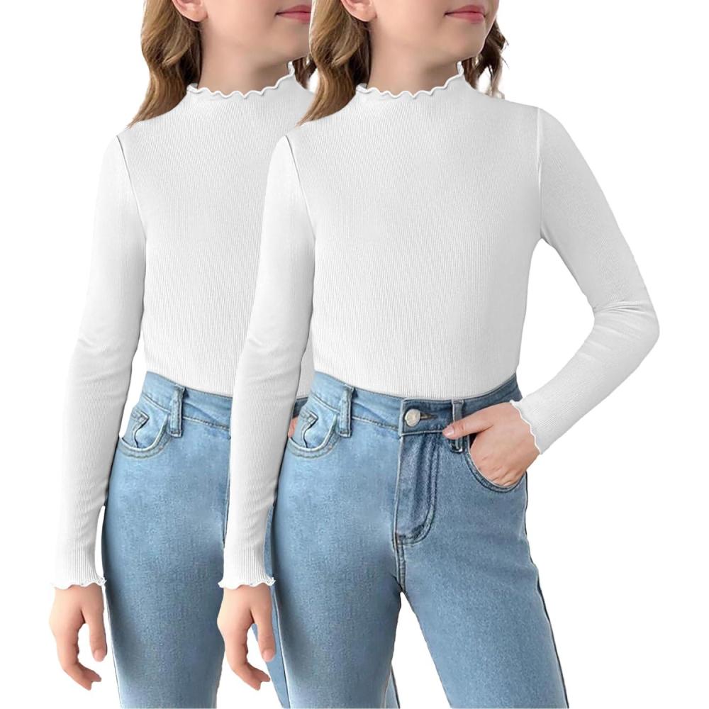 image:imageArshiner Girls 2 Packs Lettuce Trim Mock Neck Long Sleeve Shirts Ribbed Knit Slim Tops Casual Trendy Base Layer TeeWhiteWhite
