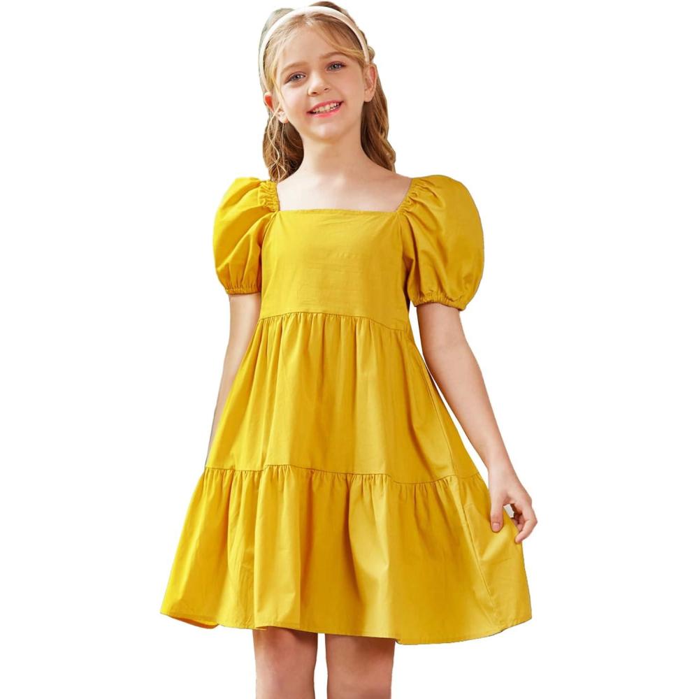 image:imageArshiner Girls Dress Puff Sleeve ALine Classic Elegant Beach Ruffled Loose Tiered Ruffle Casual Dresses Square NeckYellow